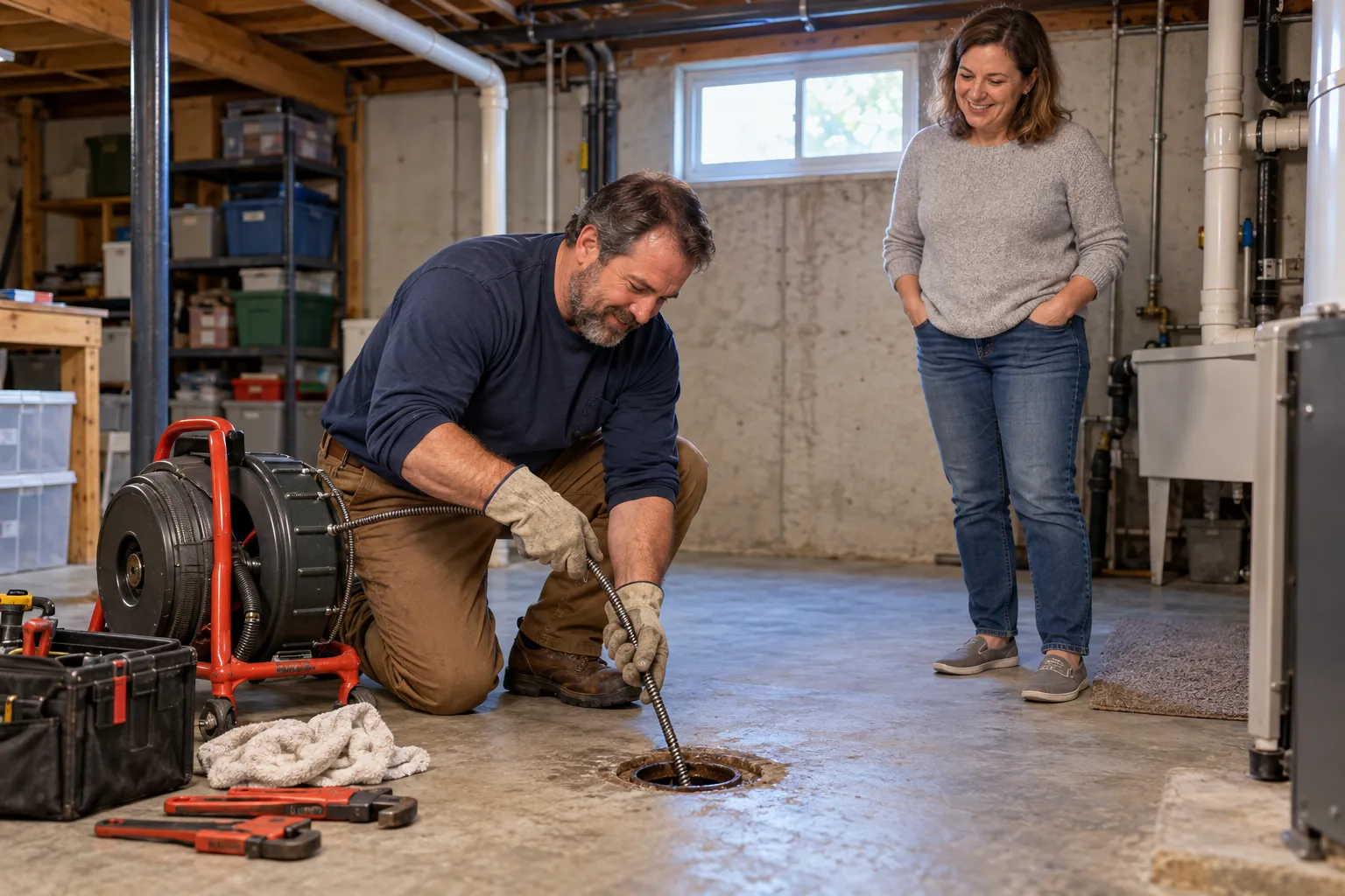 A local plumbing provider clearing a drain with a cable machine in a Gary basement