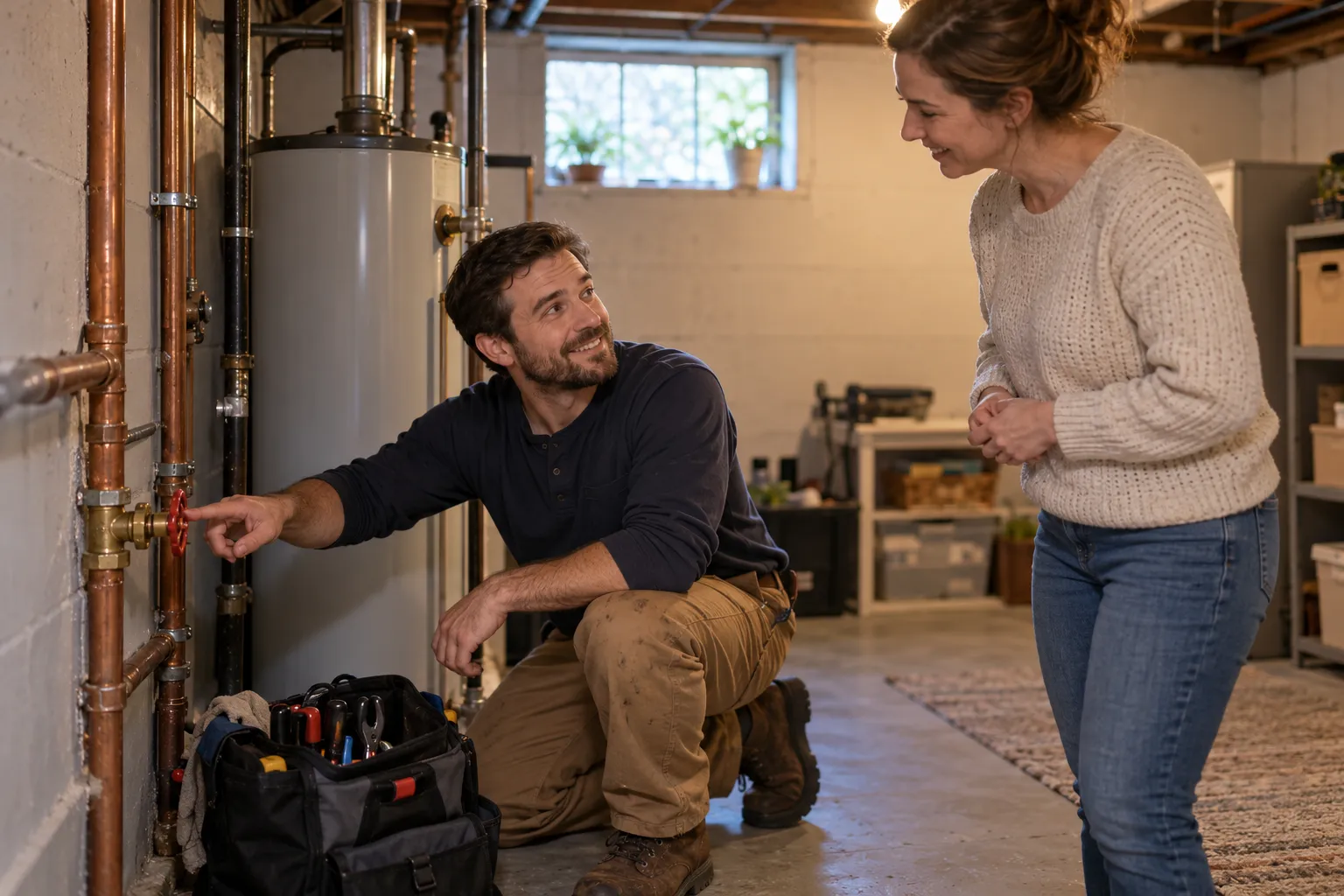 Friendly plumber helping a Gary homeowner by a basement shutoff valve after a pipe leak in the Gary area