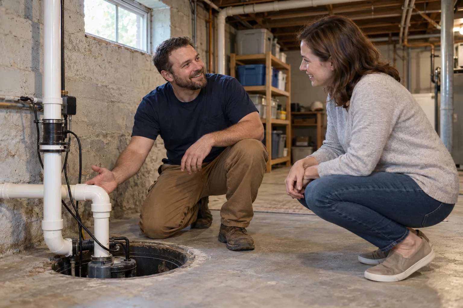 A local plumber checking a pipe under a basement ceiling in a Gary home